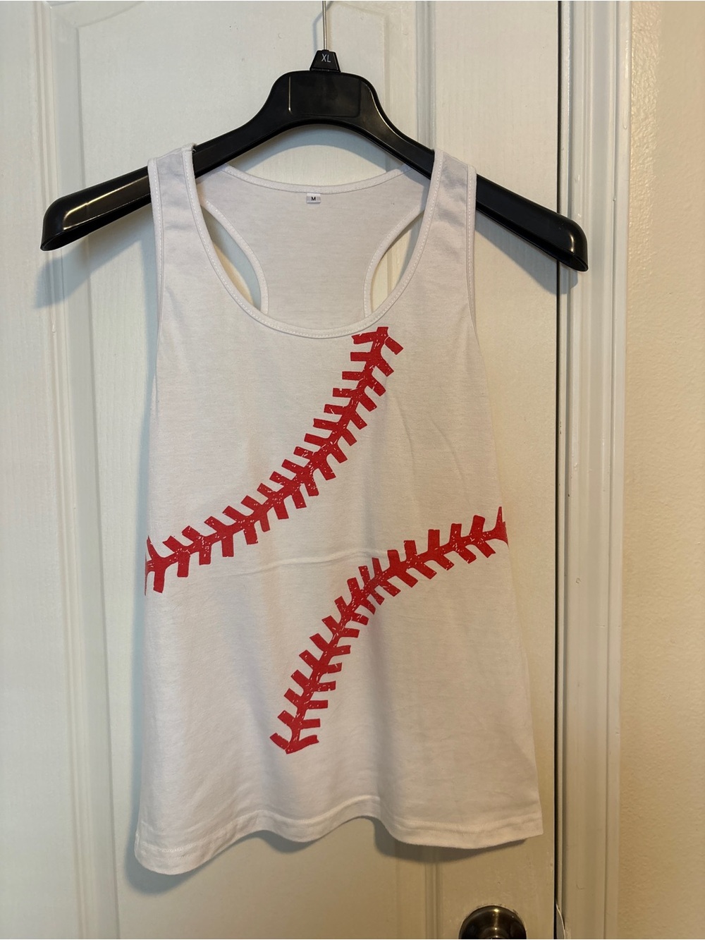 Women’s White Tank Top with Red Baseball Stitch Graphic